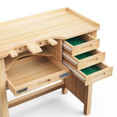 a wooden desk with three drawers on each side and an open drawer in the middle