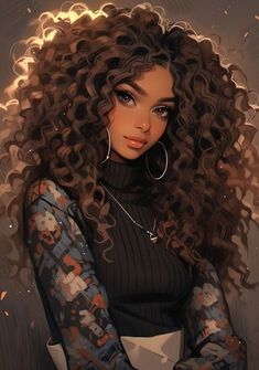 a digital painting of a woman with long curly hair and piercings on her arm