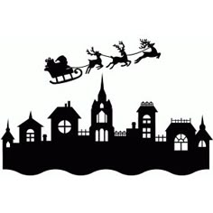 santa's sleigh flying over the city with his reindeer