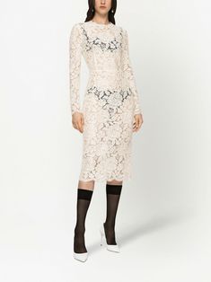 Dolce & Gabbana floral-lace long-sleeve Midi Dress - Farfetch Midi Dress White, Pencil Silhouette, Dolce Gabbana Dress, Wardrobe Edit, City Dress, The Pencil, Dolce E Gabbana, Lace Midi, Lace Midi Dress