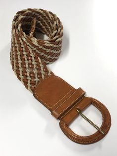 vintage wide brown leather & rope cord braided belt leather buckle, keeper & tip marked M, fits modern medium best fits up to 37 inch waist 2 1/8 inch belt width excellent vintage condition, light normal wear Casual Brown Woven Belt, Brown Leather Rope Belt, Casual Leather Rope Belt, Casual Brown Woven Leather Belt, Loves Baby Soft, Vintage High Heels, Floral Peplum Top, Cloth Tape, Rope Cord