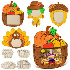 an assortment of thanksgiving cut outs and frames with turkey, pumpkins, cornucopies