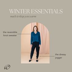 Discover the ultimate winter essentials - the reversible Knot Sweater and Dressy Jogger - for an effortlessly chic look this season! Stay warm and stylish with the versatile Knot Sweater's knotted design, long sleeves, and flattering hem, and the Dressy Jogger's comfortable fit and polished style for any occasion. Sustainable Womens Clothing, Knot Sweater, Polished Style, Sustainable Clothing Brands, Twist Top