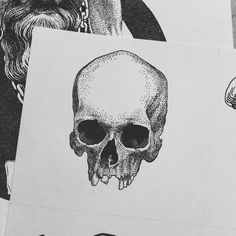 three different types of skull designs on white paper with black and white images behind them