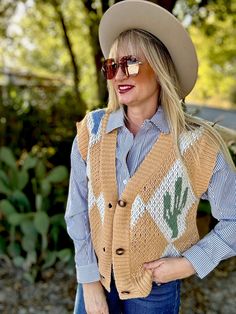 Yeehaw in style with our oversized Diamond Ranch sweater vest. This knitted, western-inspired vest features a stylish button-up design for a versatile look. Stay cozy and on-trend with this unique and playful addition to your wardrobe! model is shown wearing a small and is a 2/4, 5'6" tall and 34C bust s-2/4/6/8 m-6/8/10 l-10/12/14/16 poly blend Denim Vest Outfit, Western Vest, Curvy Plus Size, Vest Outfits, Stay Cozy, Sweatshirt Dress, Denim Vest, Mommy And Me, Sweater Vest