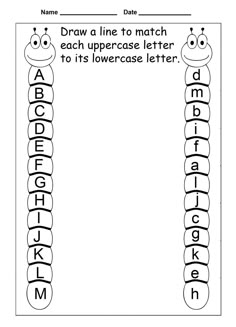 an uppercase letter worksheet with two faces and letters in the lowercase