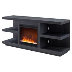 an entertainment center with a fireplace and shelves