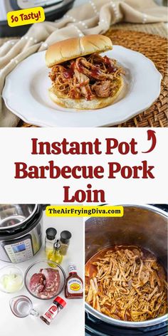 the instant pot barbecue pork loin recipe is shown in this collage with instructions to make