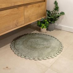 a potted plant sits on the floor next to a round rug in a bathroom