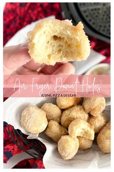 Air Fryer Donut Holes (using Pizza Dough)...an easy, quick donut hole recipe! Just 5 minutes in the air fryer, then dipped in butter and cinnamon and sugar. Air Fryer Donut Holes Recipes, Air Fryer Fried Dough With Pizza Dough, Healthy Air Fryer Donut Holes, Air Fryer Donut Recipes Crescent Rolls, Cresent Roll Donut Recipe Air Fryer, Air Fryer Donut Holes, Using Pizza Dough, Donut Hole Recipe, Pizza Dough Recipe