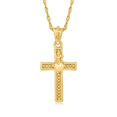 Ross-Simons - Italian 18kt Gold Over Sacred Heart Cross Adjustable Pendant Necklace. From Italy, this meaningful cross pendant necklace features a timeless devotional symbol of God's boundless love known as the Sacred Heart. Finely crafted in textured and polished 18kt yellow gold over sterling silver and suspended from a Singapore chain that adjusts from 24" to choker length. Lobster clasp, 18kt gold over sterling Sacred Heart cross pendant necklace. Scapular Necklace, The Sacred Heart, Detailed Necklace, Gold Cross Pendant, Gold Heart Necklace, Christian Jewelry, Gold Cross, Cross Pendant Necklace, Fine Jewellery Necklace