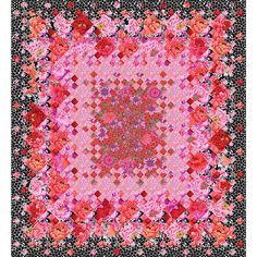 a pink and black square with red flowers on it's center is featured in this image