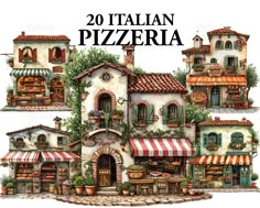 the front and back cover of italian pizzaria, with an image of several buildings