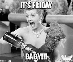 a woman holding a wine bottle and yelling at the camera with her mouth wide open, saying it's friday baby