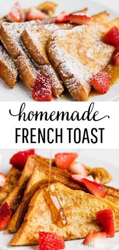 french toast with strawberries and powdered sugar on top is shown in this collage