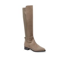 In water-resistant Taupe Suede, this is the knee-high boot you'll simply pull on and go, featuring a concealed lug sole and comfortable back stretch panel. This item is eligible for exchange or store credit only. Italian Water, Foot Stretches, Sarah Flint, Back Stretches, How To Stretch Boots, Pull On Boots, High Quality Shoes, Mini Sweater Dress, Lug Sole