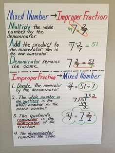 a white board with numbers and mixed number fractions written on it in multi - colored writing