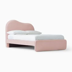 a pink bed with white sheets and pillows on it's headboard, in front of a white background