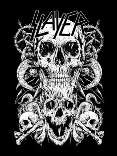 a black and white drawing of skulls with the word slayer on it's forehead