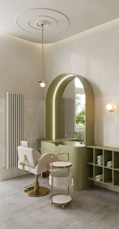 a bathroom with a sink, mirror and chair