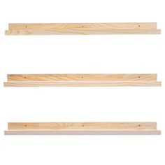 three wooden shelves are shown against a white background