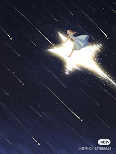 a woman flying through the air on top of a star filled sky with shooting stars