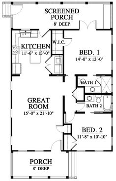 the floor plan for a small house with two bedroom and an attached kitchen area,