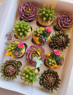 cupcakes decorated with flowers and succulents are in a white box