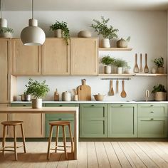 a kitchen filled with lots of green cabinets and counter top space next to a wooden floor