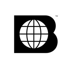 the b logo is shown in black and white, with an earth globe on it