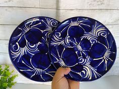 two blue plates with white designs on them, one being held up by a person's hand