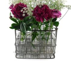 some flowers are in a glass vase on a white background