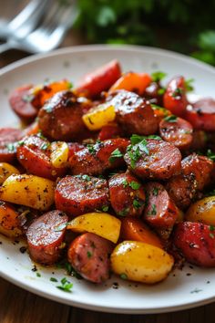 Roasted sausage and vegetables garnished with fresh herbs on a white plate. Keilbasa Sausage Recipes, Kielbasa Meals, Kalbasa Recipes, Kielbasa Sausage Recipes, Grilled Kielbasa, Kielbasa Recipe, Kielbasa Soup, Kielbasa And Potatoes