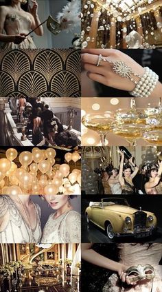 a collage of photos with gold and pearls on them, including an old car