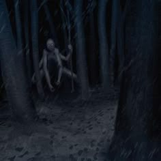 a creepy creature sitting in the middle of a forest