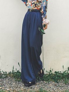 This price is for a pair of pants only.   	 		 			Size 			S 			M 			L 		 		 			Waist 			66 			70 			74 		 		 			Hips 			108 			112 			116 		 		 			Full Length 			102 			105 			108 Wide Striped Pants Outfit, Striped Dress Pants Outfit, Queer Women Fashion, Striped Clothes, Style Collage, Dark Blue Pants, Striped Wide Leg Pants, High Waist Fashion, Pantalon Large