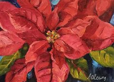 a painting of a red poinsettia on a blue background