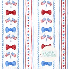 red, white and blue bow ties are on the side of a striped wallpaper