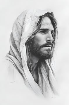 a black and white drawing of jesus with his head wrapped in a blanket, looking off to the side