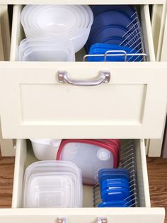 an open drawer with plastic containers in it and the words cd rack lid storage below