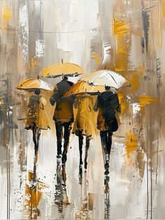 three people walking in the rain with umbrellas