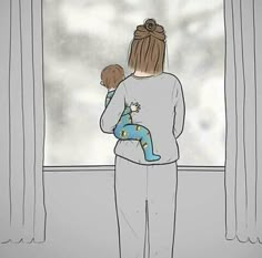 a drawing of a woman holding a baby in front of a window with the sky outside