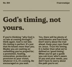 a newspaper article with the words god's timing, not yours