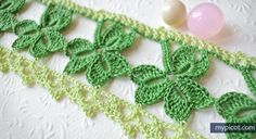 the green crochet is being used to make a flower applique on fabric