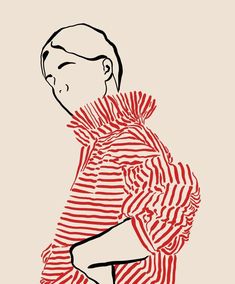 a drawing of a woman in red and white striped shirt with her hands on her hips