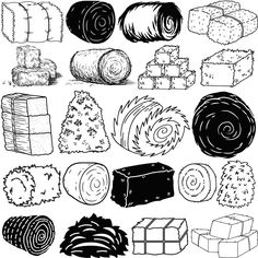 black and white drawing of different types of hay