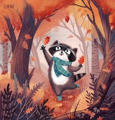 a painting of a raccoon wearing a scarf and jumping in the air with his arms up