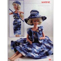 a crocheted doll wearing a blue and white dress with matching hat, purse and belt