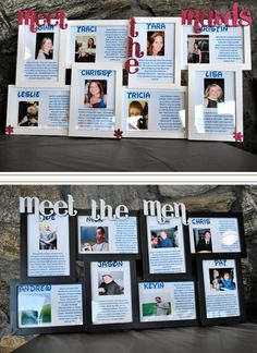 two pictures with different frames on them and the words meet the men written in red