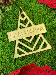 personalized metal ornament on green grass with pine cones and red crochet doily